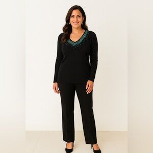 Woman’s LouLou Black Ribbed Sweater Sparkle V-neckline Long‎ Sleeve Size L